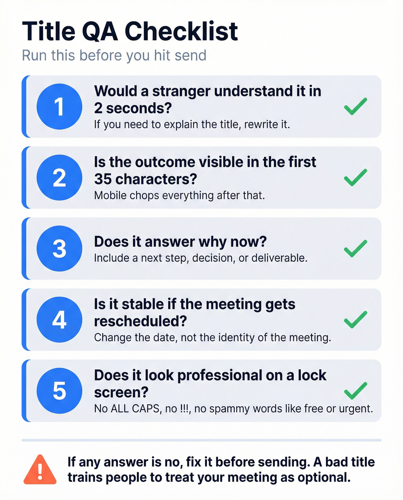 Five-step QA checklist for meeting invite titles before sending