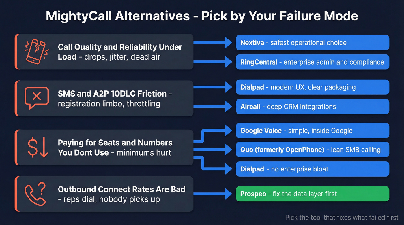 Decision map matching failure modes to MightyCall alternatives