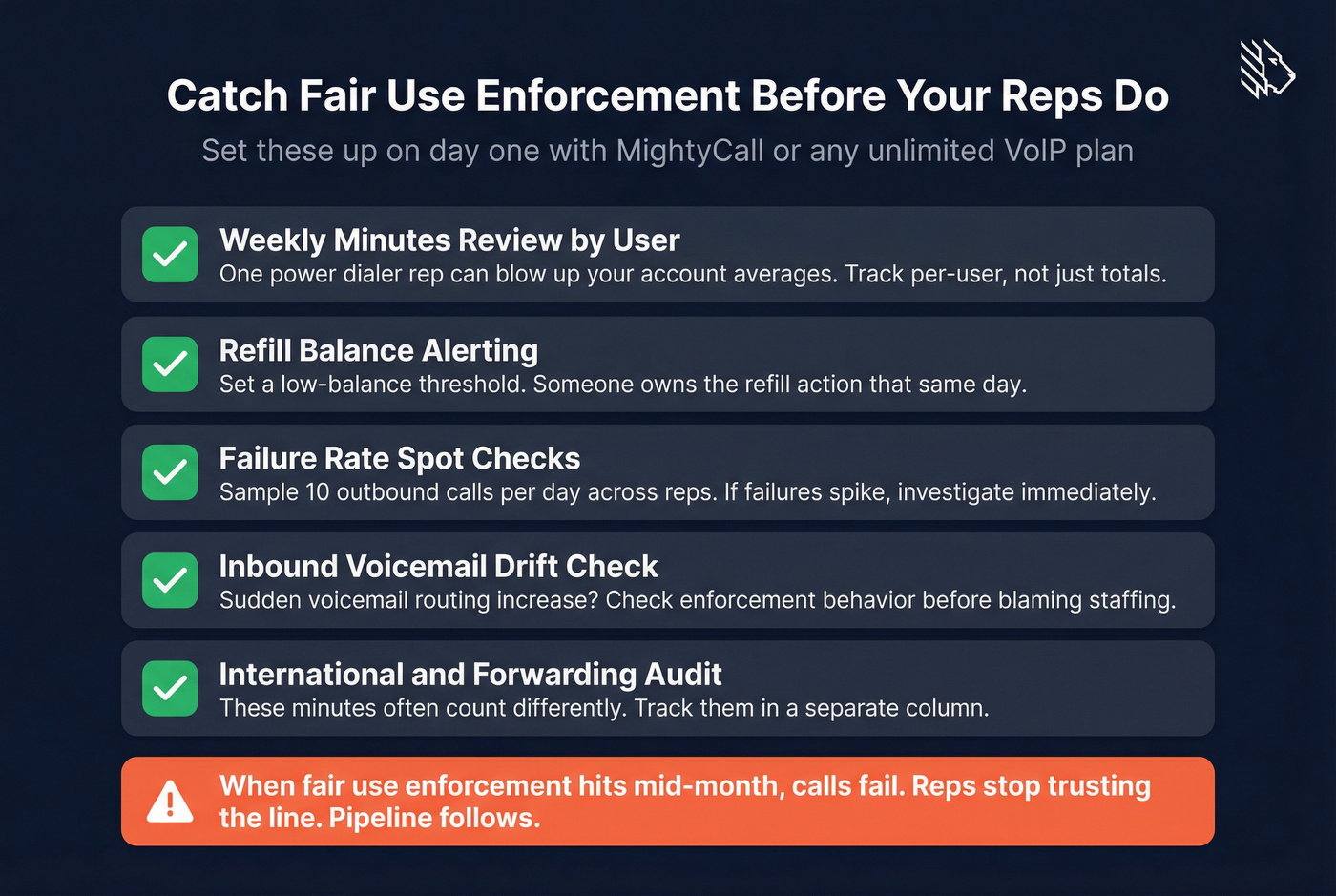 Monitoring checklist for unlimited calling fair use enforcement
