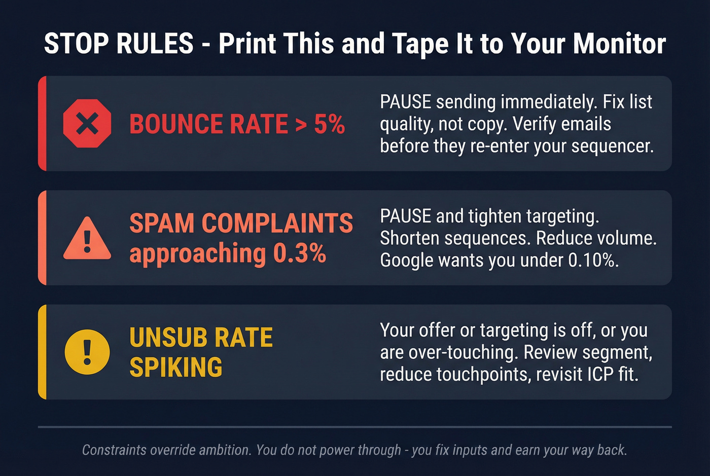 Outbound engine stop rules with threshold triggers