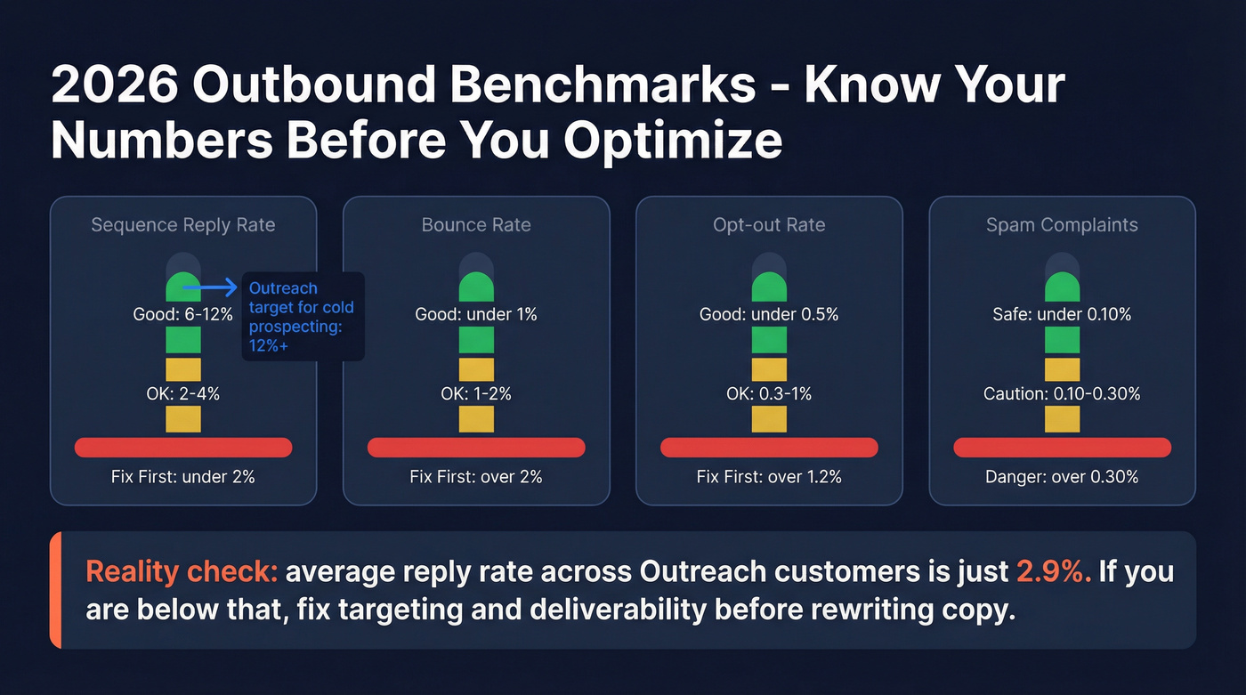 2026 outbound benchmarks with OK, good, and fix-first thresholds