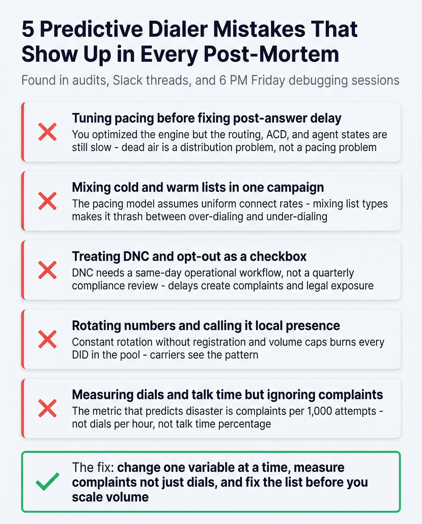 Five common predictive dialer mistakes checklist infographic