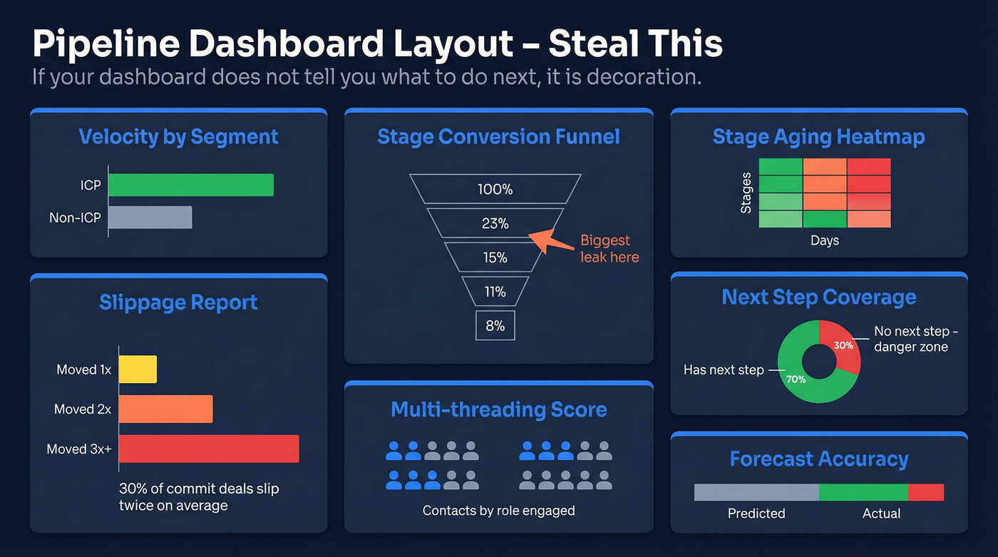Seven-tile pipeline dashboard layout with tile descriptions