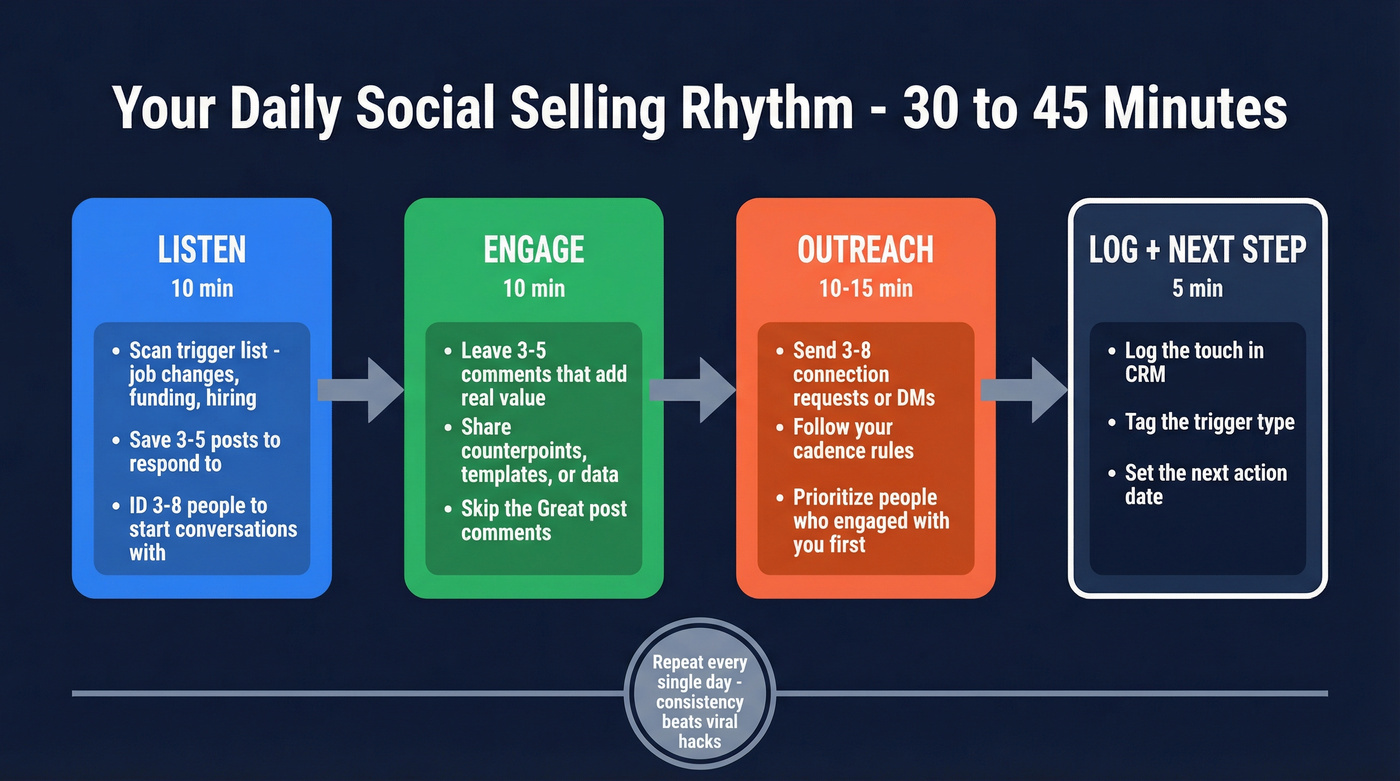 Daily social selling rhythm 30-45 minute workflow