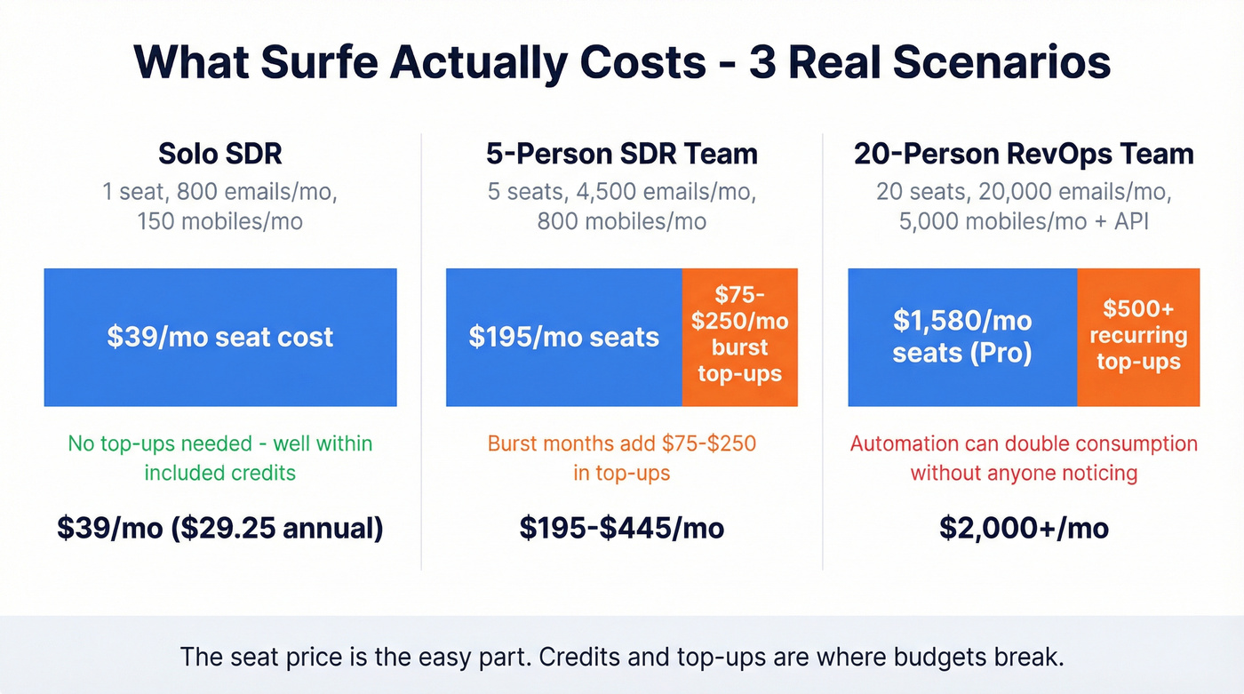 Three real-world Surfe cost scenarios compared