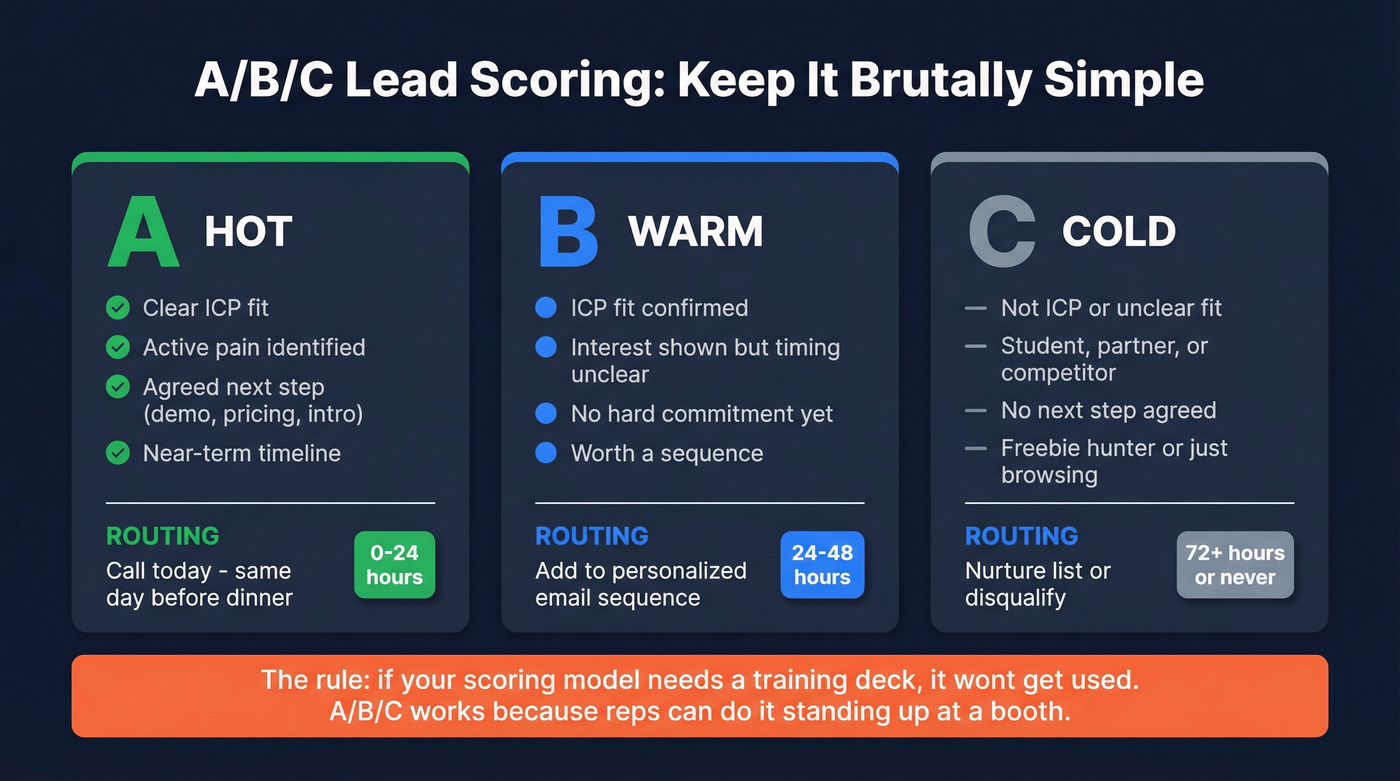 A/B/C lead scoring definitions with routing actions