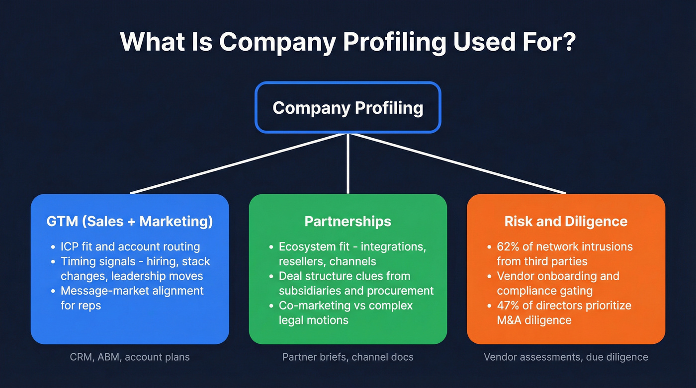 Company profiling use cases across GTM, partnerships, and risk