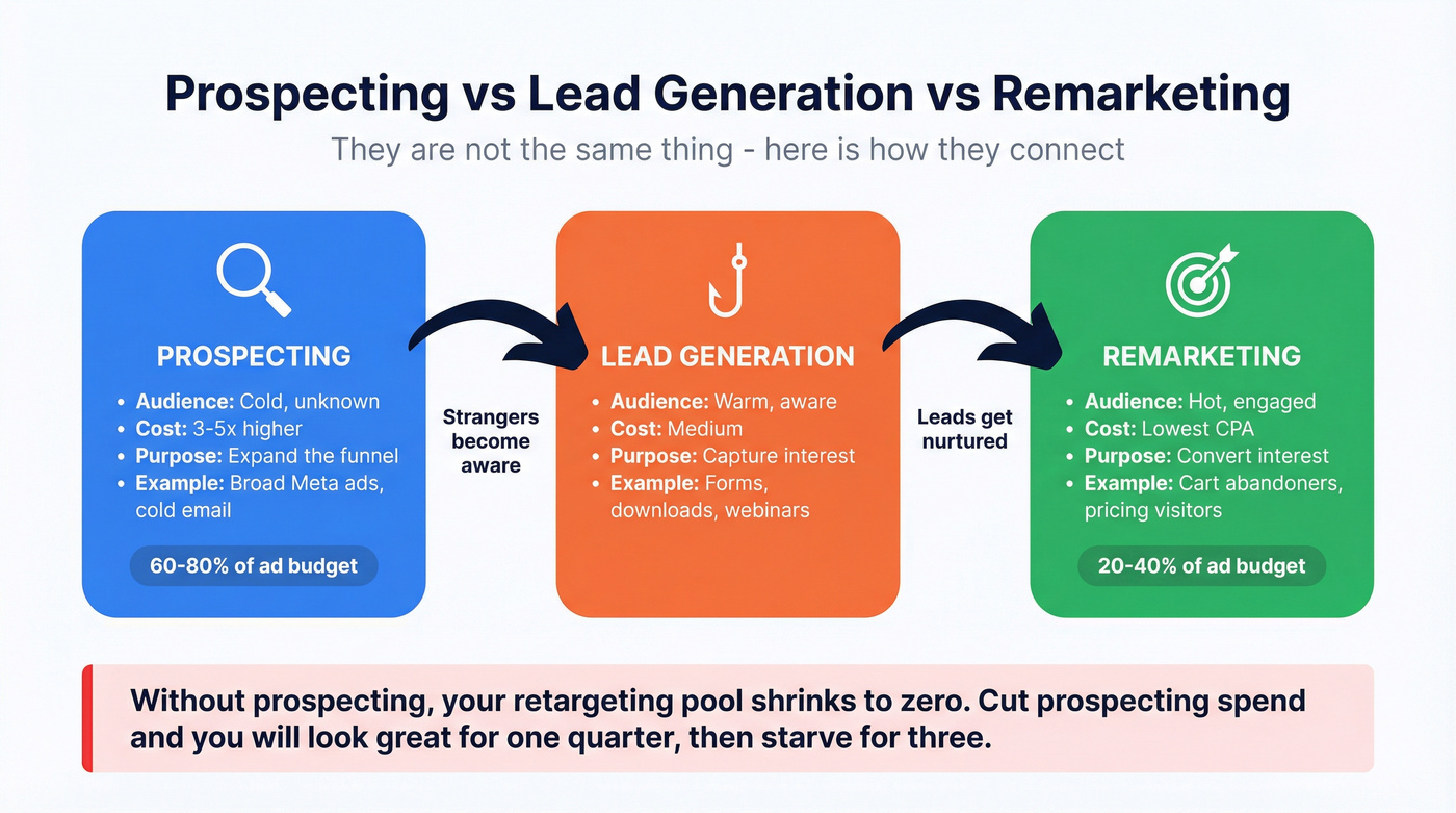 Prospecting vs lead gen vs remarketing relationship diagram
